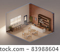 Isometric view minimal loft cafe store open inside interior architecture, 3d rendering. dark wooden Shelf, Waiting area wood table grey chair,red brick wall 83988604