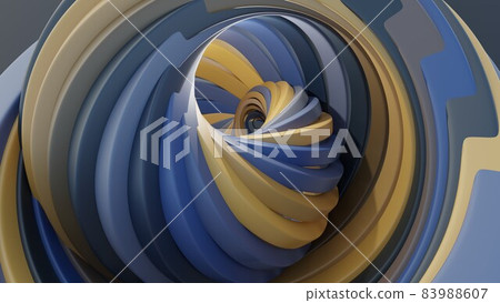 3d render of abstract art of surreal 3d lines in swirl infinity twisted round shape in blue yellow matte plastic material 83988607