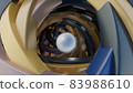 Ball in rotating 3d spiral of lines. Motion. 3D with shiny metallic ball in center of rotating lines. framing ball in center 83988610
