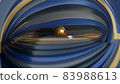 Fractal digital 3D design.Abstract fractal shape of spiral blue gold brown vortex swirling around the levitating golden sphere. 83988613