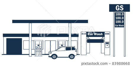 Illustration of a simple one-color black-and-white line drawing shop Gas station Car wash machine Refueling machine 83988668