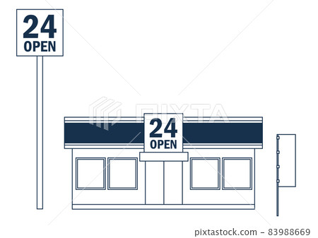 一個簡單的單色黑白線條藝術商店的插圖 一家便利店的大樓，有一個 24 小時營業的標誌 83988669