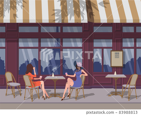Cafe in Paris, in the summer. The Eiffel Tower is reflected. Vector. 83988813
