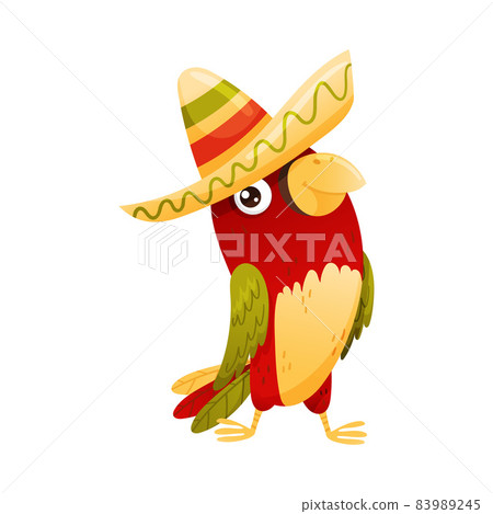 Cute funny parrot in sombrero hat. Mexican culture symbol cartoon vector illustration 83989245