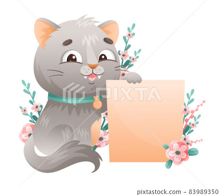 Cute Grey Cat with Flowers Sitting with Empty Banner Vector Illustration Cute Grey Cat with Flowers Sitting with Empty Banner Vector Illustration 83989350