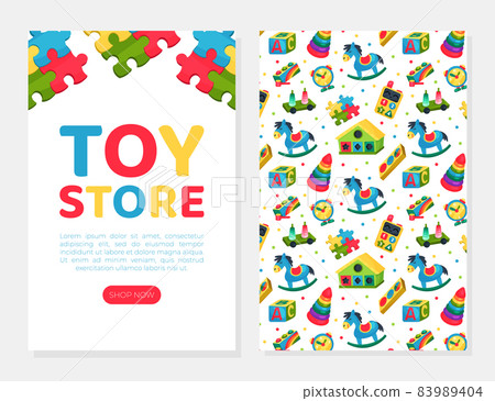 Toy Store Card Design with Colorful Plaything Vector Template 83989404