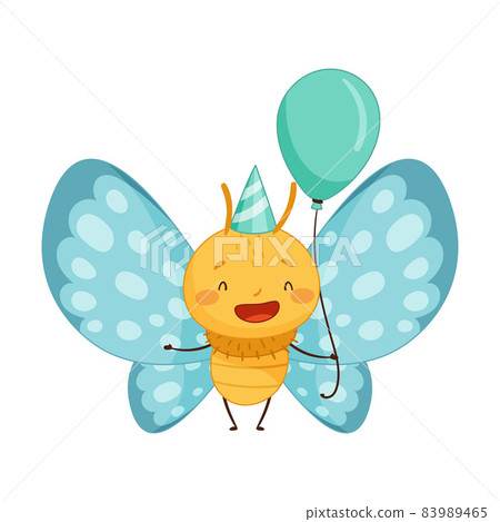 Cute baby butterfly with blue wings holding inflatable balloon cartoon vector illustration Cute baby butterfly with blue wings holding inflatable balloon cartoon vector illustration 83989465