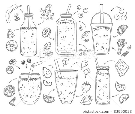 Detox drinks and smoothie cocktails set, sketch vector illustration isolated. 83990038