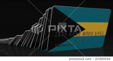 Domino effect, fallen credit cards with flags of Bahamas. Fictional data on card mockups. Banking collapse conceptual 3d rendering 83990094