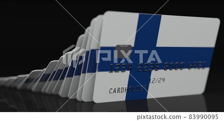 Domino effect, fallen credit cards with flags of Finland. Fictional data on card mockups. Banking collapse conceptual 3d rendering 83990095