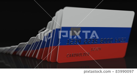Domino effect, fallen credit cards with flags of Russia. Fictional data on card mockups. Banking collapse conceptual 3d rendering Domino effect, fallen credit cards with flags of Russia. Fictional data on card mockups. Banking collapse conceptual 3d rendering 83990097