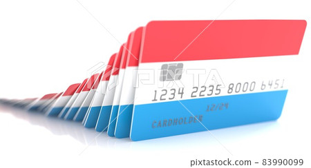Line of fallen credit cards with flags of Luxembourg on white background, 3d rendering 83990099