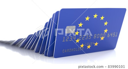 Domino effect with falling credit cards with flags of the EU. Conceptual 3d rendering Domino effect with falling credit cards with flags of the EU. Conceptual 3d rendering 83990101