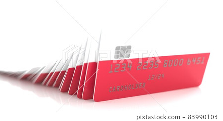 Domino effect with falling credit cards with flags of Poland. Conceptual 3d rendering Domino effect with falling credit cards with flags of Poland. Conceptual 3d rendering 83990103