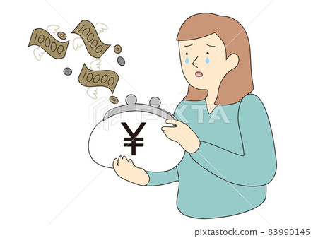A line drawing of a woman who feels sad as money flies A line drawing of a woman who feels sad as money flies 83990145