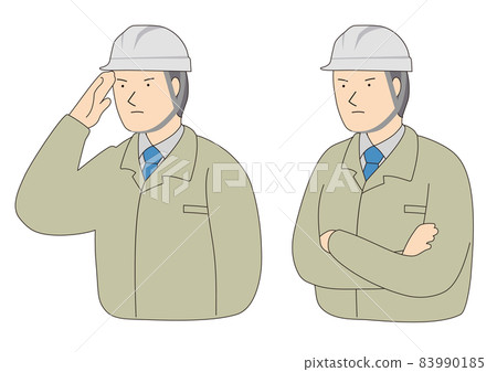 A man wearing a safety helmet on the scene with a crisp expression, salute and arm-folded pose line drawing A man wearing a safety helmet on the scene with a crisp expression, salute and arm-folded pose line drawing 83990185