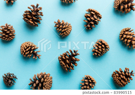 pine cones on colored table. natural holiday background with pinecones grouped together. Flat lay. Winter concept 83990515