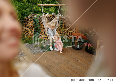 Couple with kids at motorhome, summer rv camping 83990643