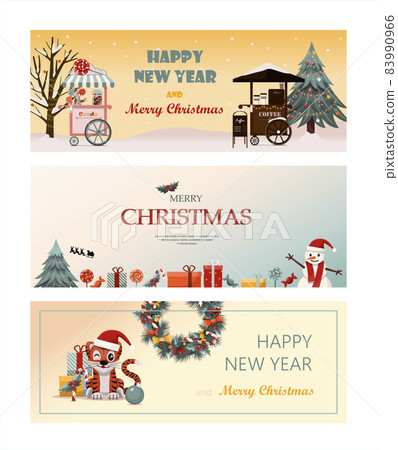 Set of flat vector banners Big Christmas sale. Cartoon Christmas template with festive decorations and food. New Year s card with a Christmas wreath, toys and garlands. Background for postcards and 83990966
