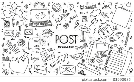 A set of vector mail doodles. Icons with paper envelopes, letters, email. A children s notebook in a cage with drawings of postal items. Hand-drawn elements for email 83990985