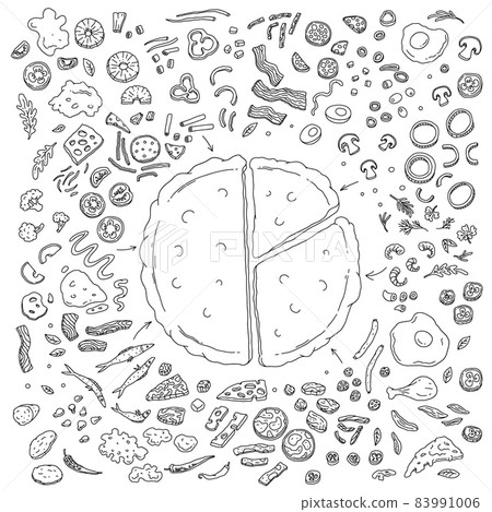 Pizza dough sheet surrounded with food ingredients vector illustration isolated. 83991006