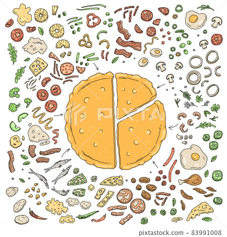 Pizza topping and ingredients to make your own food design. Pizza base, slice and toppings vector set. 83991008