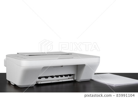 Laser home printer on table against white backgorund Laser home printer on table against white backgorund 83991104