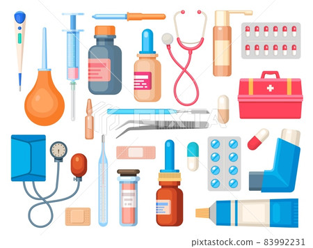 Flat first aid kit with syringe, thermometer, drugs and stethoscope. Medicine pills, bottles and inhaler. Medical emergency box vector set Flat first aid kit with syringe, thermometer, drugs and stethoscope. Medicine pills, bottles and inhaler. Medical emergency box vector set 83992231