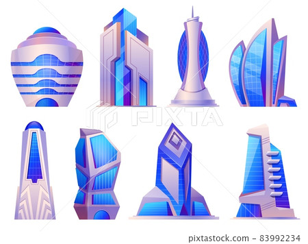 Future urban and alien city buildings, skyscrapers and office towers. Futuristic cyberpunk architecture, megalopolis skyscraper vector set Future urban and alien city buildings, skyscrapers and office towers. Futuristic cyberpunk architecture, megalopolis skyscraper vector set 83992234