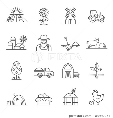 Farm line icon, tractor, farmer, fields and straw. Agriculture landscape with natural products, mill, cow and chicken. Rural logo vector set Farm line icon, tractor, farmer, fields and straw. Agriculture landscape with natural products, mill, cow and chicken. Rural logo vector set 83992235