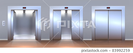 Realistic lobby interior with elevators open and closed doors. Empty office hallway with metal lifts. Passenger or cargo elevator vector set 83992259