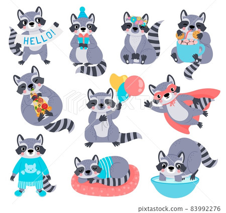 Happy raccoon mascot characters for kids birthday. Racoon superhero. Cute cartoon raccoons with balloon, eat pizza and wash hands vector set Happy raccoon mascot characters for kids birthday. Racoon superhero. Cute cartoon raccoons with balloon, eat pizza and wash hands vector set 83992276