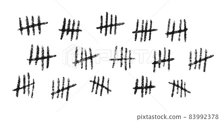 Tally marks. Hand drawn lines or sticks sorted by four and crossed out. Simple mathematical count visualization, prison or jail wall counter. Vector illustration isolated on white background Tally marks. Hand drawn lines or sticks sorted by four and crossed out. Simple mathematical count visualization, prison or jail wall counter. Vector illustration isolated on white background 83992378