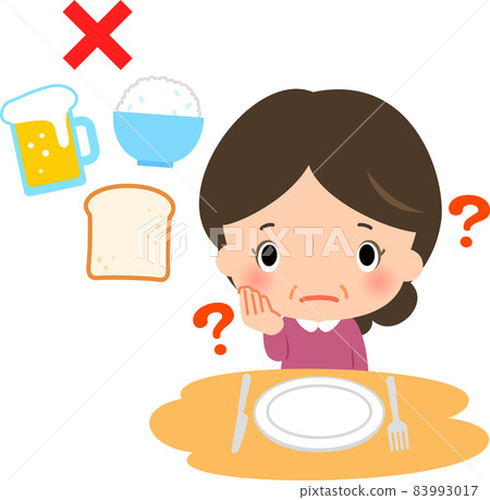 Image of middle-aged females thinking at the table and sugar restriction Image of middle-aged females thinking at the table and sugar restriction 83993017