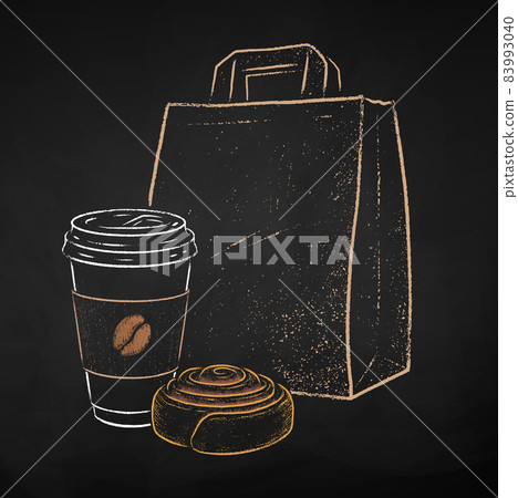 Coffee cup with paper bag and cinnamon roll 83993040