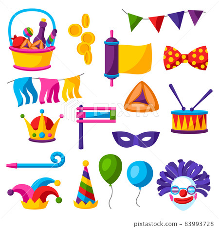 Happy Purim Jewish holiday set of objects. Traditional carnival symbols. Happy Purim Jewish holiday set of objects. Traditional carnival symbols. 83993728