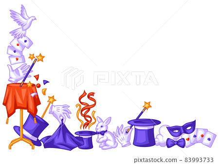 Magician frame with magic items. Illusionist show or performance background. Cartoon style illustration of tricks. Magician frame with magic items. Illusionist show or performance background. Cartoon style illustration of tricks. 83993733