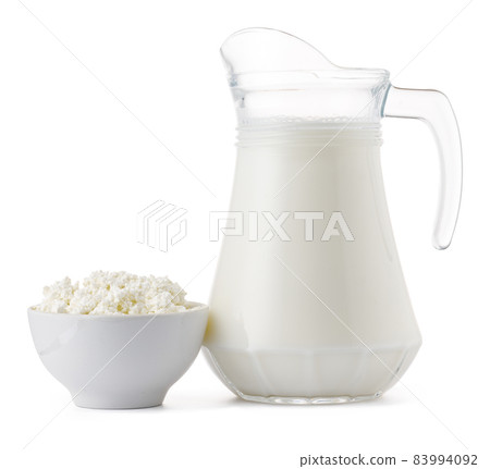 Fresh dairy products milk and cottage cheeese isolated on white 83994092