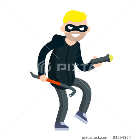 Thief with crowbar. Criminal problem. Man robber in black with mask. 83994534