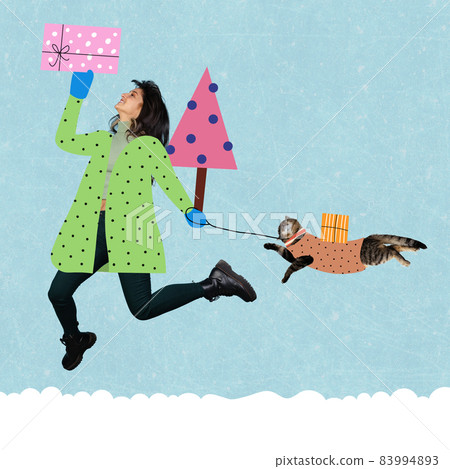 Design for greeting cards, postcard. Concept of Christmas, 2022 New Year. Contemporary art collage. Happy young girl running Design for greeting cards, postcard. Concept of Christmas, 2022 New Year. Contemporary art collage. Happy young girl running 83994893