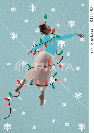 Contemporary art collage. Young graceful ballerina preparing to celebrate winter holidays. Happy New Year and Christmas 2022 concept. 83994922