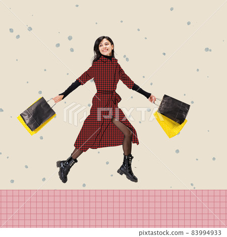 Contemporary art collage. Concept of Christmas, 2022. New Year's chores. Happy young girl after shopping Contemporary art collage. Concept of Christmas, 2022. New Year's chores. Happy young girl after shopping 83994933