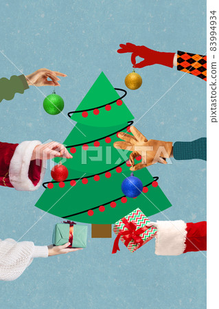 Greeting flyer for ad. Concept of Christmas, 2022 New Year's, winter mood, holidays. Human hands decorate Christmas tree Greeting flyer for ad. Concept of Christmas, 2022 New Year's, winter mood, holidays. Human hands decorate Christmas tree 83994934