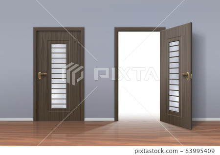 Realistic opened and closed doors in office or home hallway interior. Light inside doorway. Wooden room entrance. Opportunity vector concept 83995409