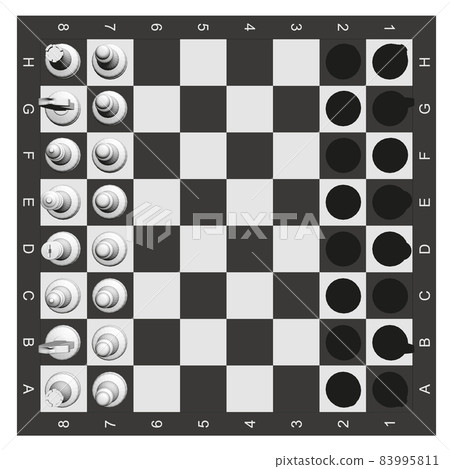 Chess pieces on a chessboard isolated on a white background. View from above. 3D. Vector illustration Chess pieces on a chessboard isolated on a white background. View from above. 3D. Vector illustration 83995811