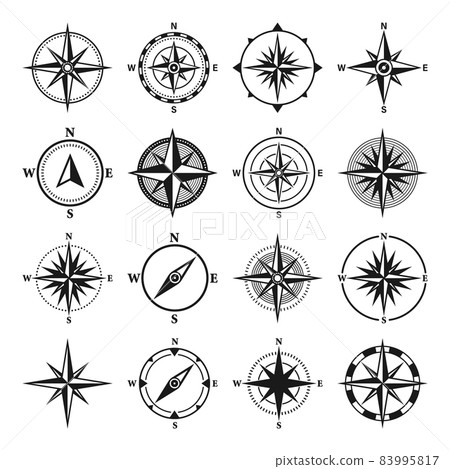 Vintage marine wind rose, nautical chart. Monochrome navigational compass with cardinal directions 83995817