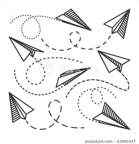 Various hand drawn paper planes. Black doodle airplanes with dotted route line. Aircraft icon 83995847