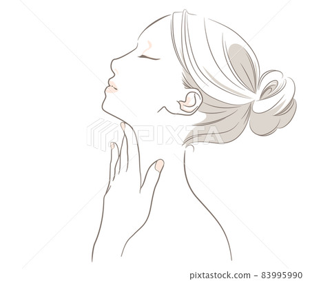 Profile view of a woman stretching her neck and placing her hand on her neck Profile view of a woman stretching her neck and placing her hand on her neck 83995990