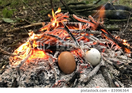 cooking on an open fire during bushcraft in the woods cooking on an open fire during bushcraft in the woods 83996364