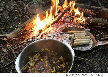 cooking on an open fire during bushcraft in the woods cooking on an open fire during bushcraft in the woods 83996366